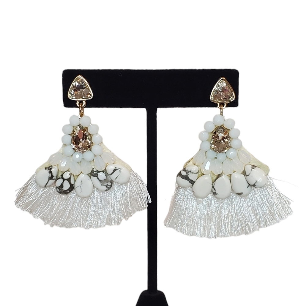 Estate Unsigned Gold-Tone White Fringe Tassel Bohemian Post Back Earrings